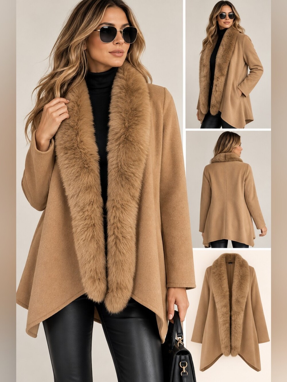 Adrienne Landau ONYX Camel Faux Fur Collar Draped Cardigan Jacket Sz L NWT